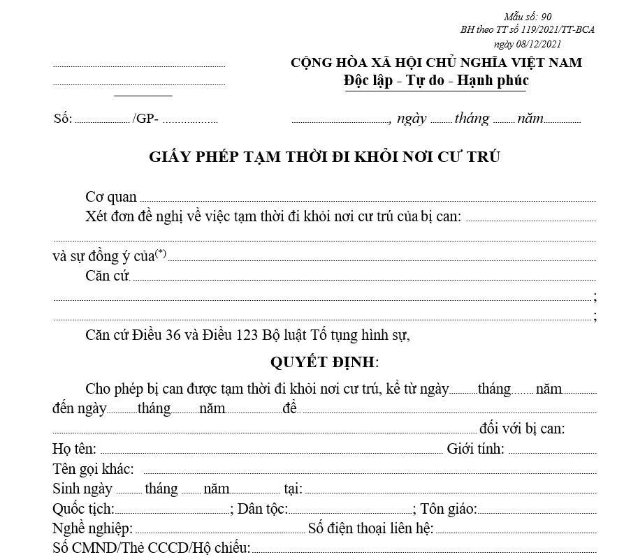 Mẫu giấy phép tạm thời đi khỏi nơi cư trú Mẫu giấy phép tạm thời đi khỏi nơi cư trú