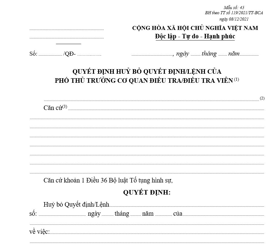 Mẫu hủy bỏ quyết định/lệnh của Phó Thủ trưởng Cơ quan điều tra/Điều tra viên Mẫu hủy bỏ quyết định/lệnh của Phó Thủ trưởng Cơ quan điều tra/Điều tra viên