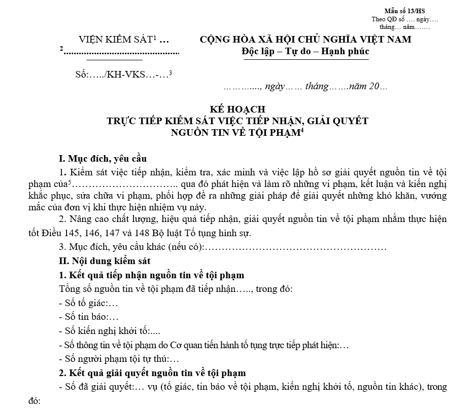Mẫu kế hoạch trực tiếp kiểm sát việc tiếp nhận, giải quyết nguồn tin về tội phạm Mẫu kế hoạch trực tiếp kiểm sát việc tiếp nhận, giải quyết nguồn tin về tội phạm