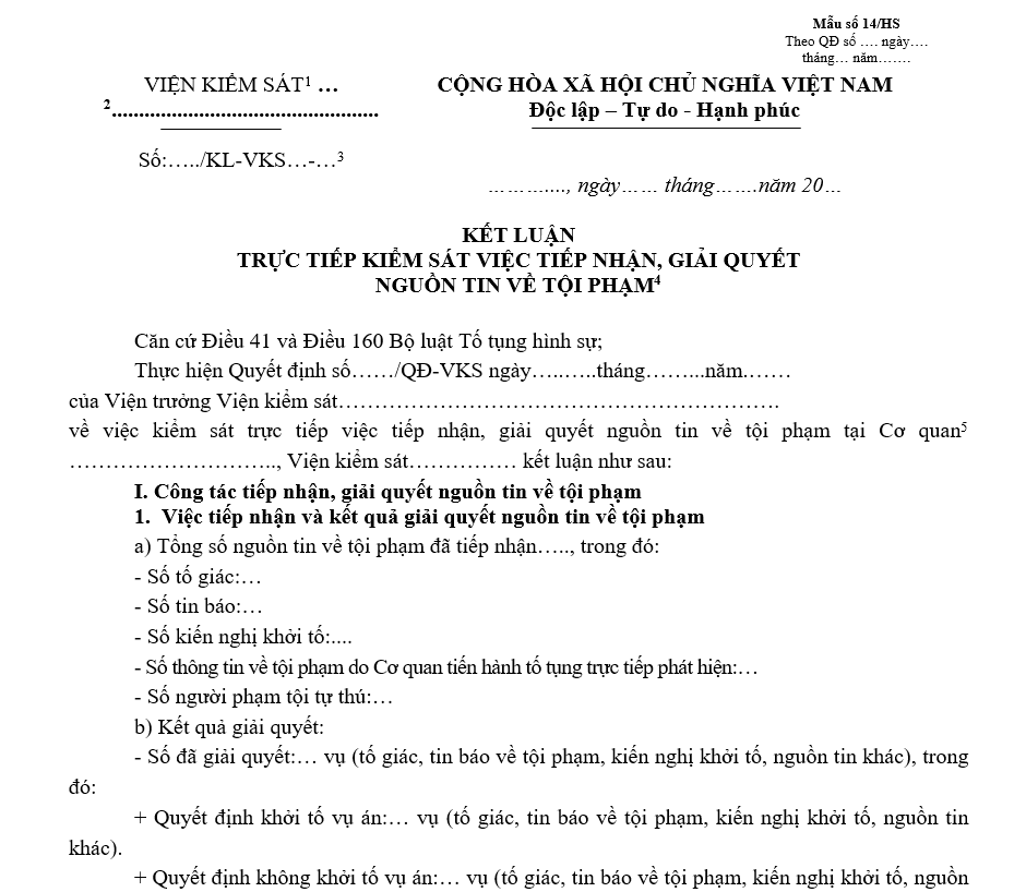 Mẫu kết luận trực tiếp kiểm sát việc tiếp nhận, giải quyết nguồn tin về tội phạm Mẫu kết luận trực tiếp kiểm sát việc tiếp nhận, giải quyết nguồn tin về tội phạm