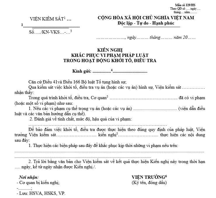 Mẫu kiến nghị khắc phục vi phạm trong hoạt động khởi tố, điều tra Mẫu kiến nghị khắc phục vi phạm trong hoạt động khởi tố, điều tra