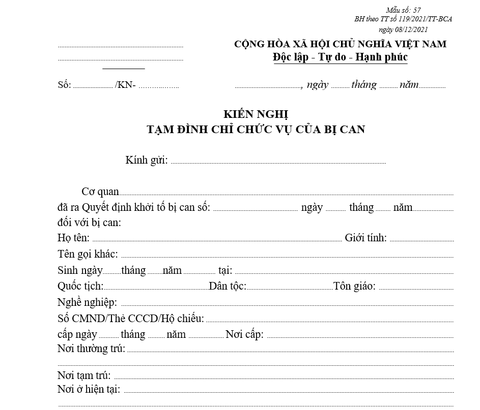 Mẫu kiến nghị tạm đình chỉ chức vụ của bị can (Sử dụng chung cho cả pháp nhân) Mẫu kiến nghị tạm đình chỉ chức vụ của bị can (Sử dụng chung cho cả pháp nhân)