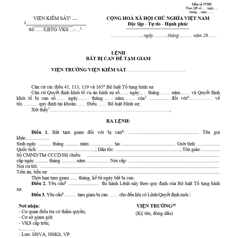 Mẫu lệnh bắt bị can để tạm giam Mẫu lệnh bắt bị can để tạm giam