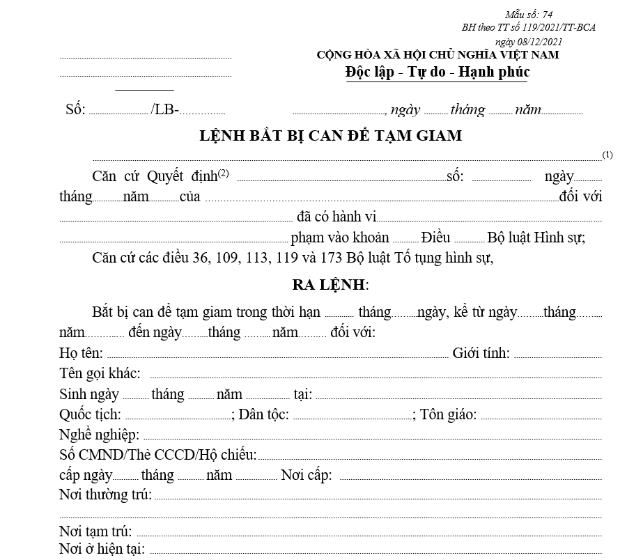 Mẫu lệnh bắt bị can để tạm giam Mẫu lệnh bắt bị can để tạm giam