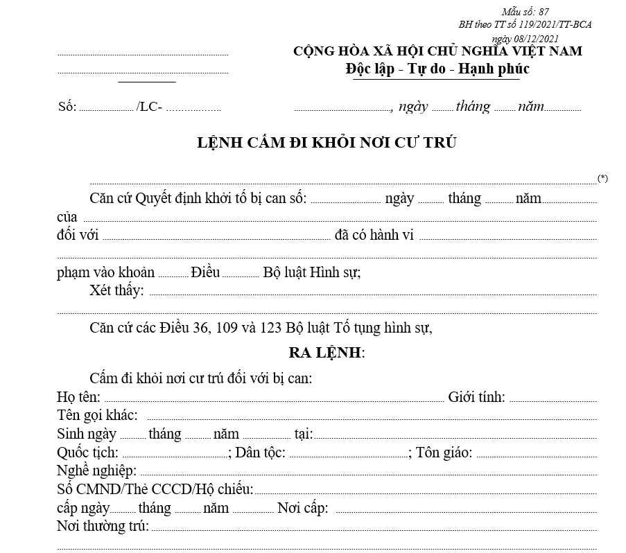 Mẫu lệnh cấm đi khỏi nơi cư trú Mẫu lệnh cấm đi khỏi nơi cư trú