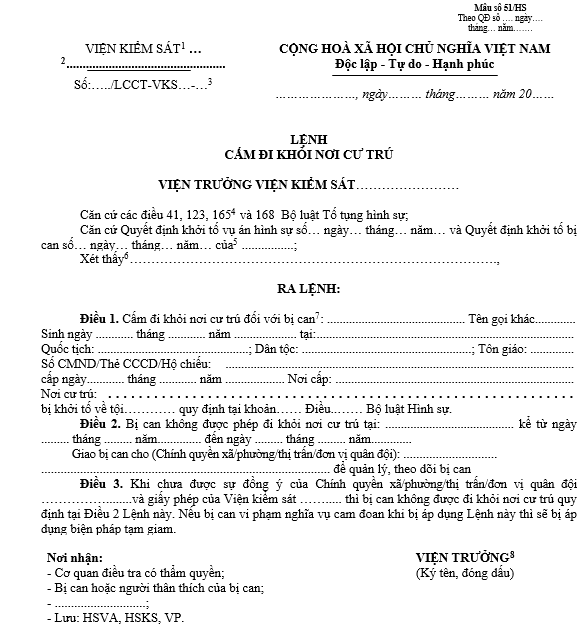 Mẫu lệnh cấm đi khỏi nơi cư trú Mẫu lệnh cấm đi khỏi nơi cư trú