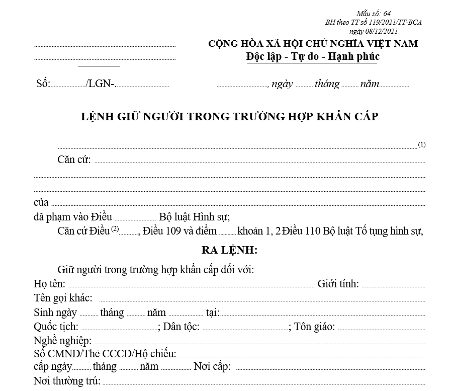 Mẫu lệnh giữ người trong trường hợp khẩn cấp Mẫu lệnh giữ người trong trường hợp khẩn cấp