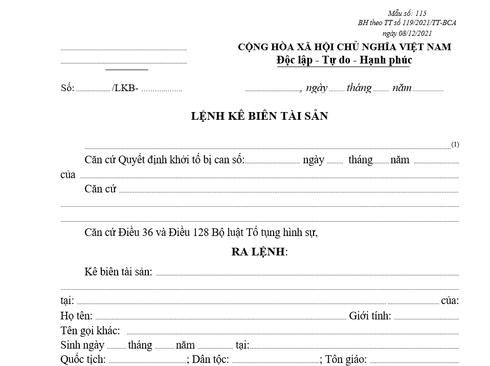 Mẫu lệnh kê biên tài sản Mẫu lệnh kê biên tài sản