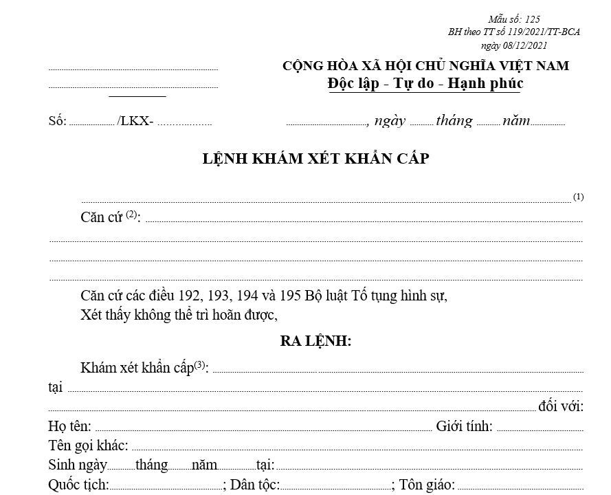 Mẫu lệnh khám xét khẩn cấp Mẫu lệnh khám xét khẩn cấp