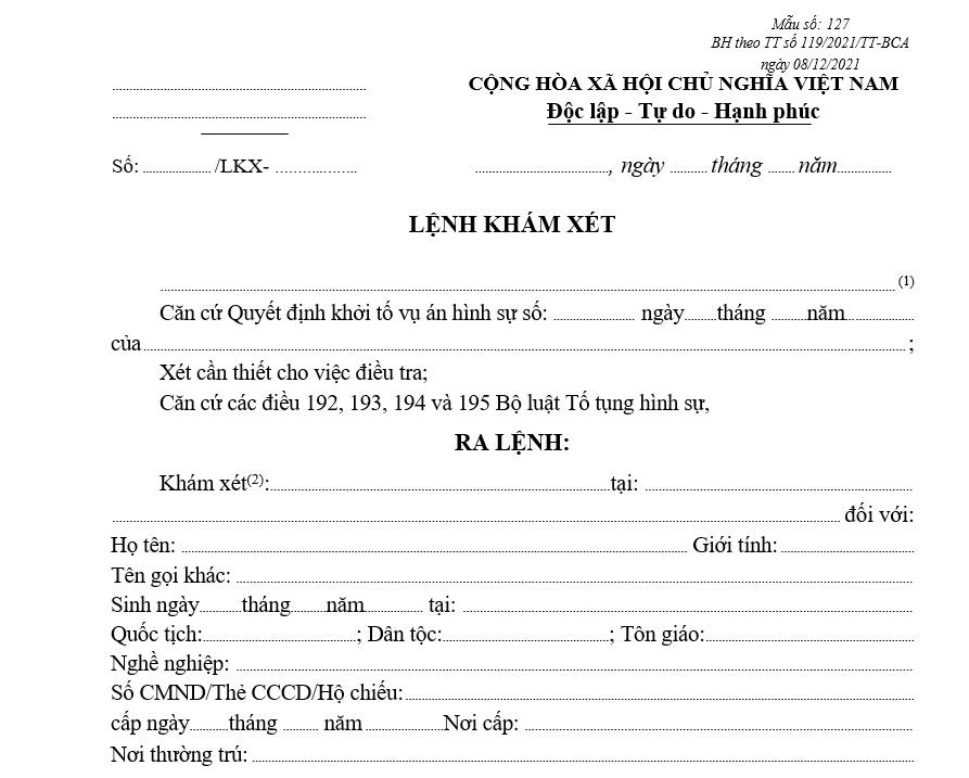 Mẫu lệnh khám xét Mẫu lệnh khám xét