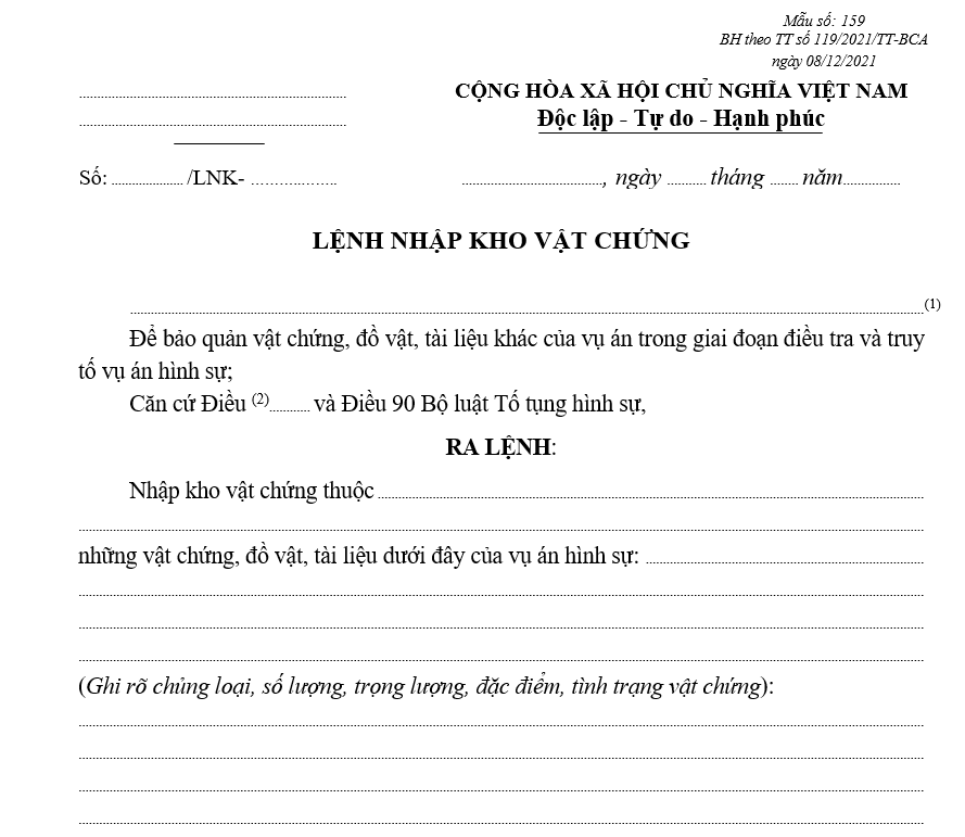 Mẫu lệnh nhập kho vật chứng Mẫu lệnh nhập kho vật chứng