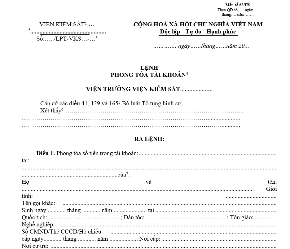 Mẫu lệnh phong tỏa tài khoản Mẫu lệnh phong tỏa tài khoản