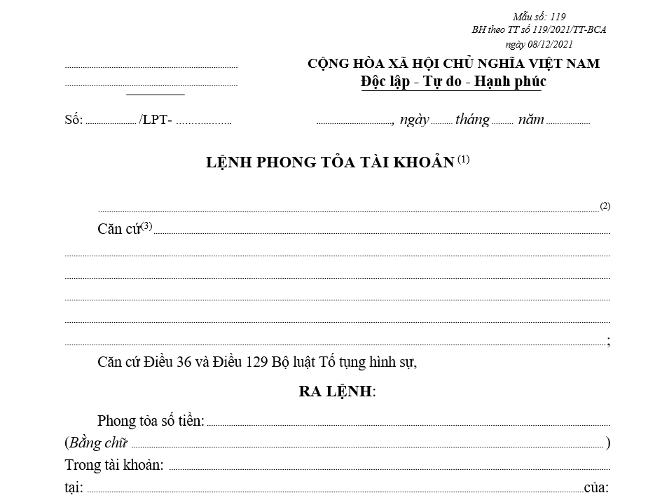 Mẫu lệnh phong tỏa tài khoản Mẫu lệnh phong tỏa tài khoản