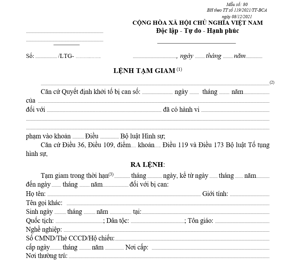 Mẫu lệnh tạm giam Mẫu lệnh tạm giam