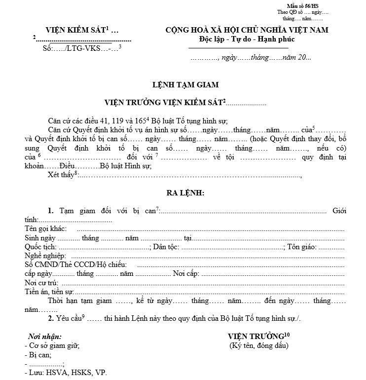 Mẫu lệnh tạm giam Mẫu lệnh tạm giam