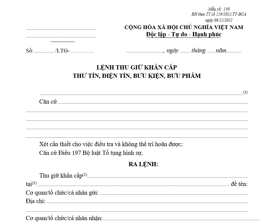 Mẫu lệnh thu giữ khẩn cấp thư tín, điện tín, bưu kiện, bưu phẩm Mẫu lệnh thu giữ khẩn cấp thư tín, điện tín, bưu kiện, bưu phẩm