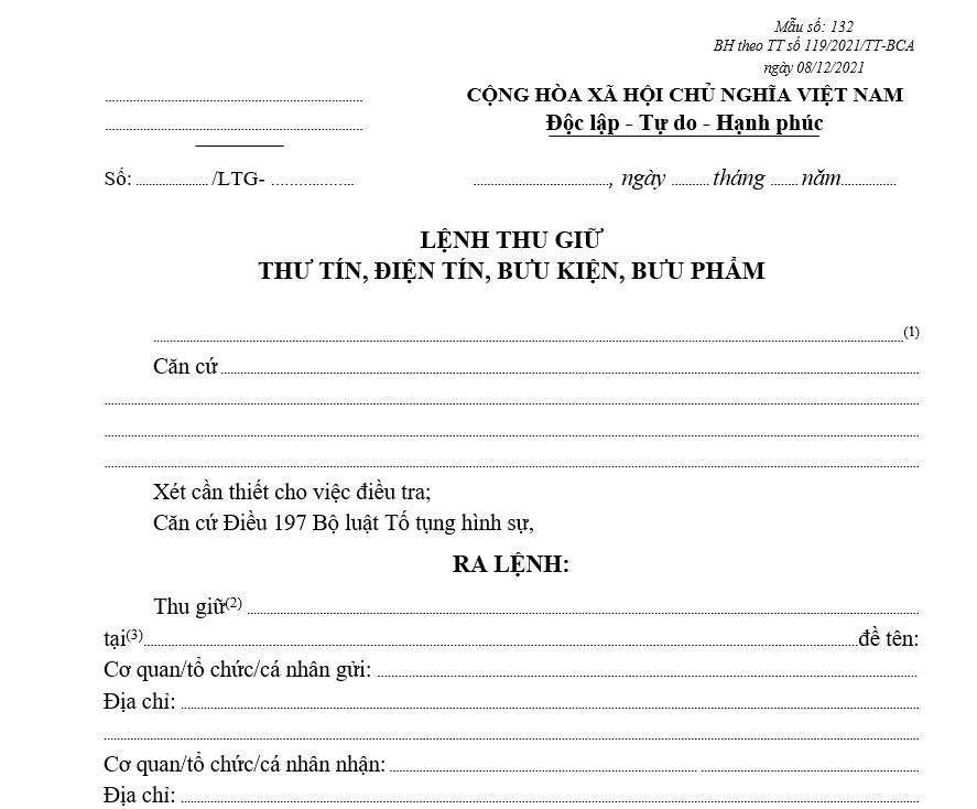 Mẫu lệnh thu giữ thư tín, điện tín, bưu kiện, bưu phẩm Mẫu lệnh thu giữ thư tín, điện tín, bưu kiện, bưu phẩm