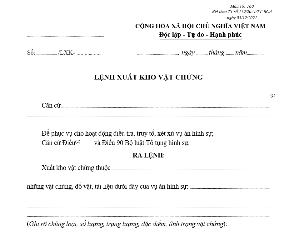 Mẫu lệnh xuất kho vật chứng Mẫu lệnh xuất kho vật chứng