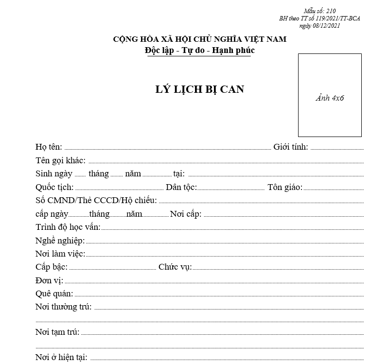 Mẫu lý lịch bị can Mẫu lý lịch bị can