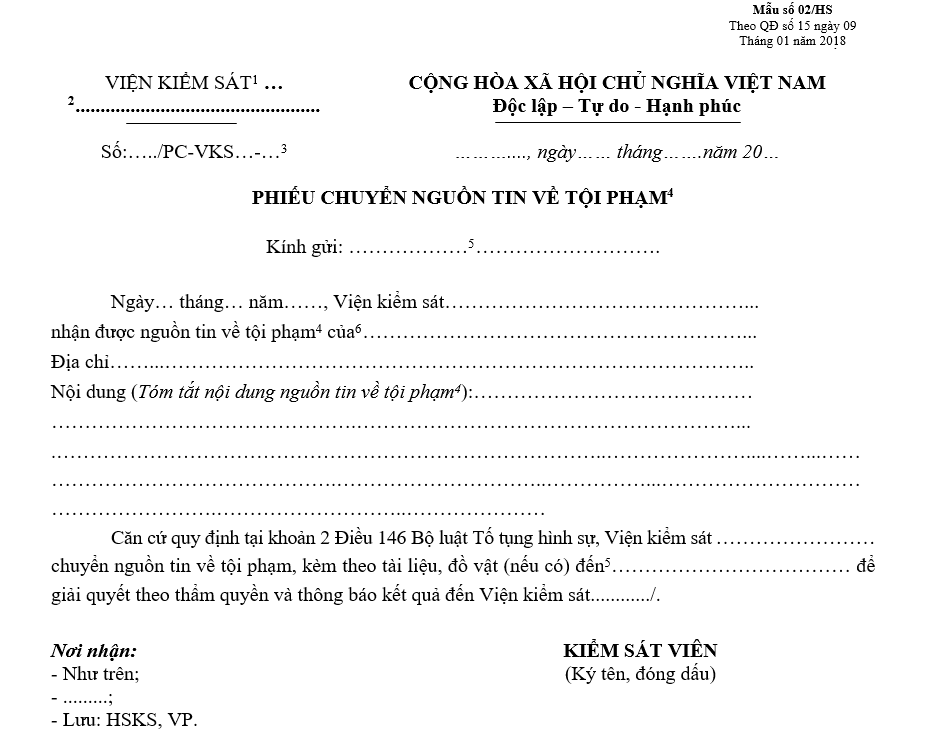 Mẫu phiếu chuyển nguồn tin về tội phạm Mẫu phiếu chuyển nguồn tin về tội phạm