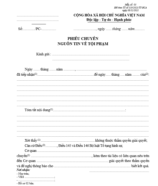 Mẫu phiếu chuyển nguồn tin về tội phạm Mẫu phiếu chuyển nguồn tin về tội phạm