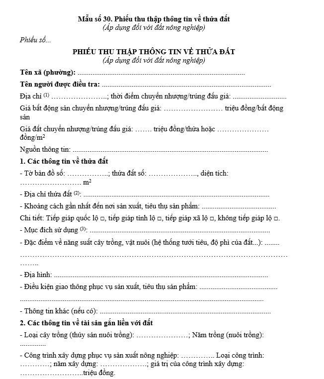 Mẫu phiếu thu thập thông tin về thửa đất (Áp dụng đối với đất nông nghiệp)