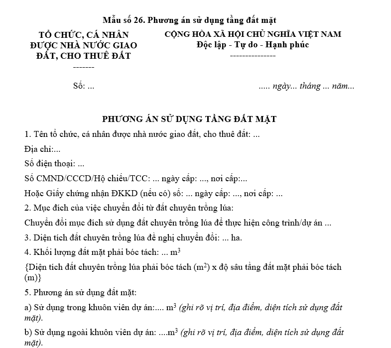 Mẫu phương án sử dụng tầng đất mặt Mẫu phương án sử dụng tầng đất mặt