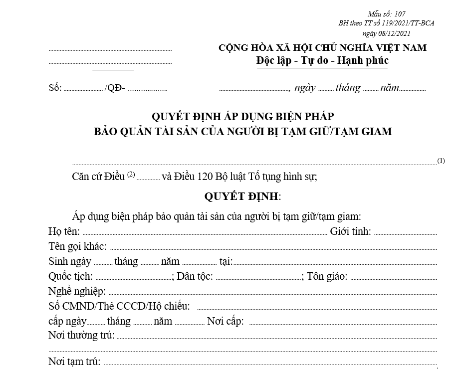 Mẫu quyết định áp dụng biện pháp bảo quản tài sản của người bị tạm giữ/tạm giam Mẫu quyết định áp dụng biện pháp bảo quản tài sản của người bị tạm giữ/tạm giam