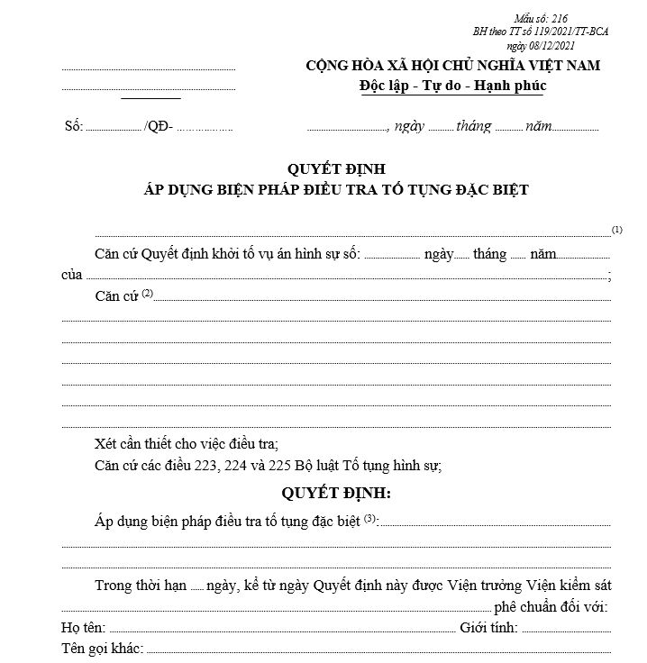 Mẫu quyết định áp dụng biện pháp điều tra tố tụng đặc biệt Mẫu quyết định áp dụng biện pháp điều tra tố tụng đặc biệt
