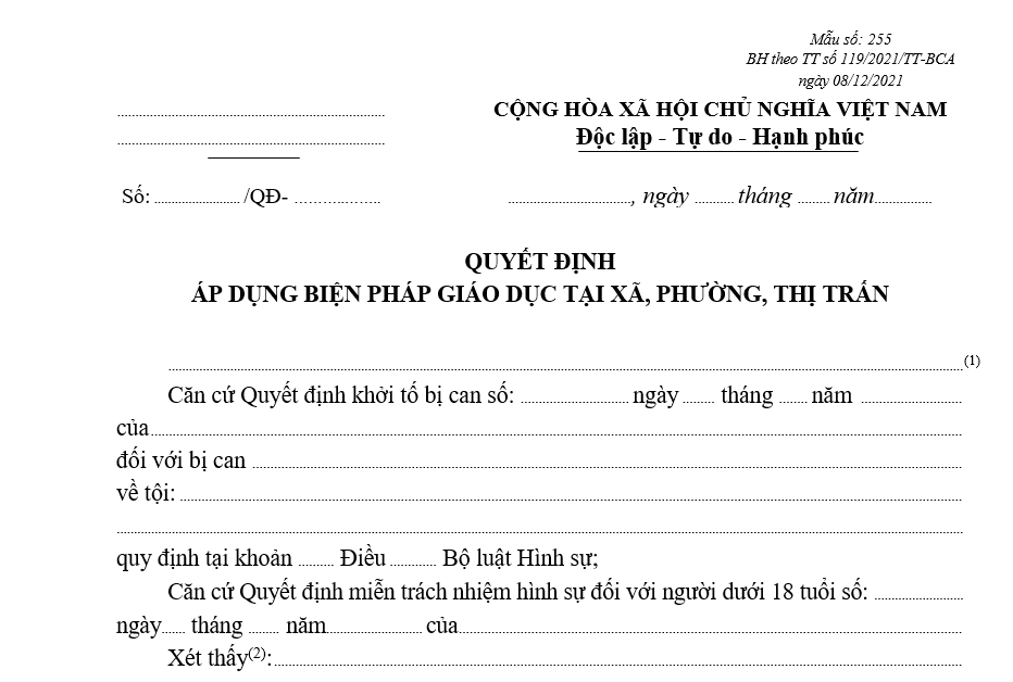Mẫu quyết định áp dụng biện pháp giáo dục tại xã, phường, thị trấn Mau quyet dinh ap dung bien phap giao duc tai xa phuong thi tran 1