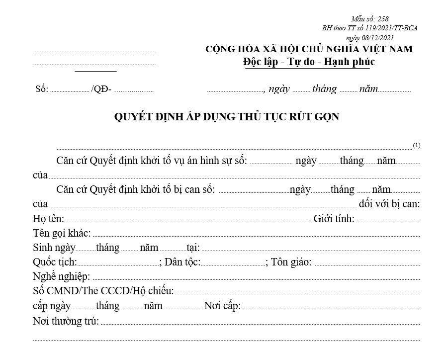 Mẫu quyết định áp dụng thủ tục rút gọn Mẫu quyết định áp dụng thủ tục rút gọn