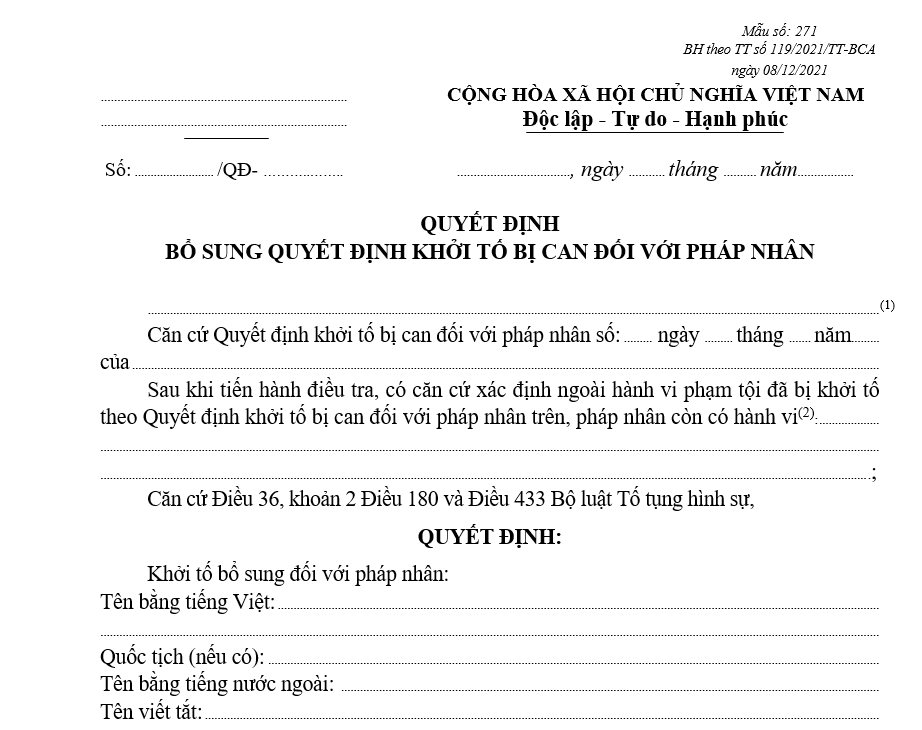 Mẫu quyết định bổ sung Quyết định khởi tố bị can đối với pháp nhân Mẫu quyết định bổ sung Quyết định khởi tố bị can đối với pháp nhân