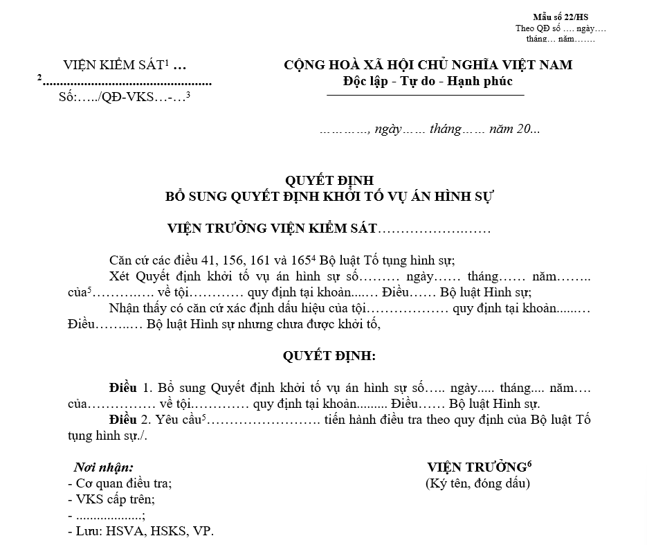 Mẫu quyết định bổ sung Quyết định khởi tố vụ án hình sự Mẫu quyết định bổ sung Quyết định khởi tố vụ án hình sự