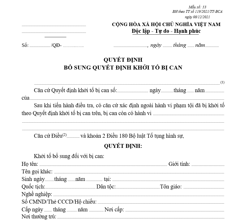 Mẫu quyết định bổ sung quyết định khởi tố bị can Mẫu quyết định bổ sung quyết định khởi tố bị can