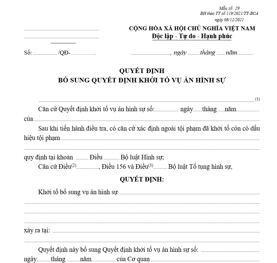 Mẫu quyết định bổ sung quyết định khởi tố vụ án hình sự Mẫu quyết định bổ sung quyết định khởi tố vụ án hình sự