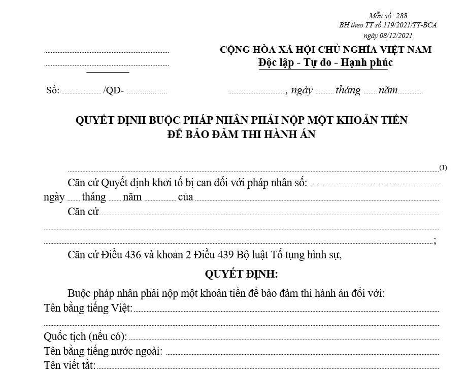 Mẫu quyết định buộc pháp nhân phải nộp một khoản tiền để bảo đảm thi hành án Mẫu quyết định buộc pháp nhân phải nộp một khoản tiền để bảo đảm thi hành án