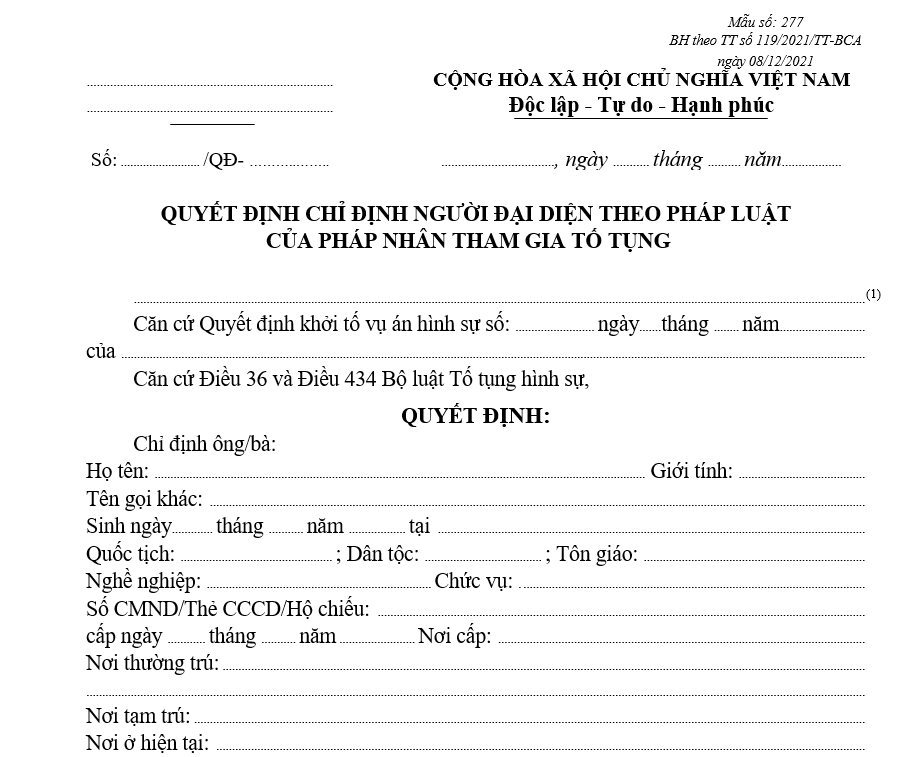 Mẫu quyết định chỉ định người đại diện theo pháp luật của pháp nhân tham gia tố tụng Mẫu quyết định chỉ định người đại diện theo pháp luật của pháp nhân tham gia tố tụng
