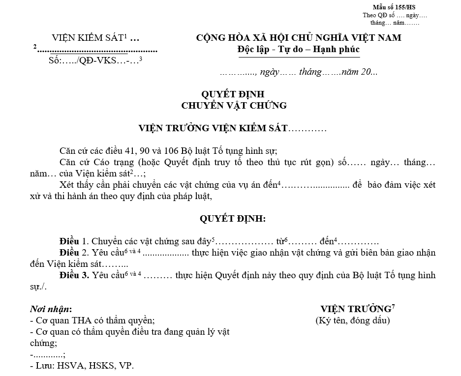 Mẫu quyết định chuyển vật chứng Mẫu quyết định chuyển vật chứng