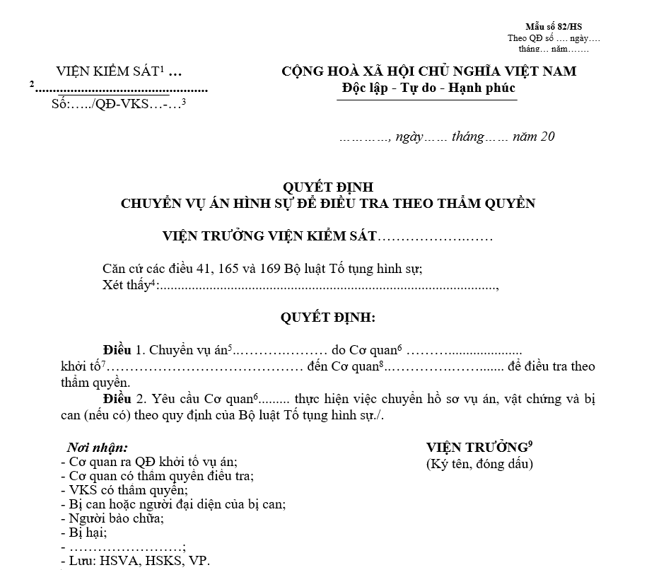 Mẫu quyết định chuyển vụ án hình sự để điều tra theo thẩm quyền Mẫu quyết định chuyển vụ án hình sự để điều tra theo thẩm quyền