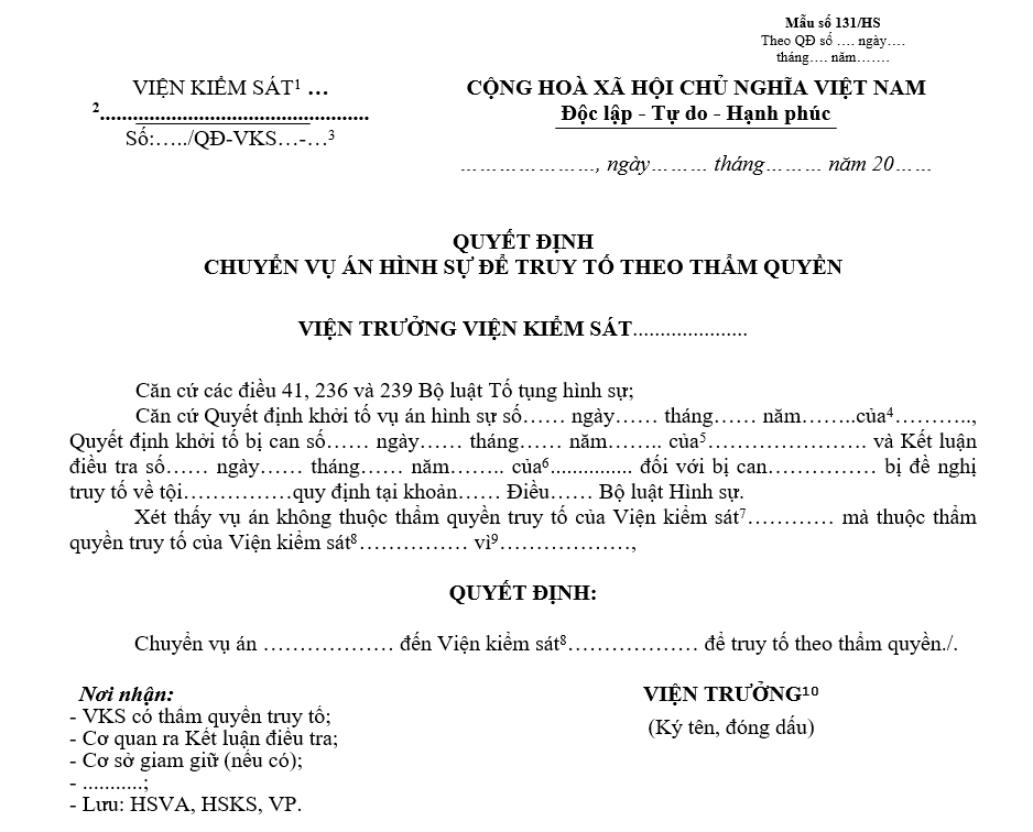 Mẫu quyết định chuyển vụ án hình sự để truy tố theo thẩm quyền Mẫu quyết định chuyển vụ án hình sự để truy tố theo thẩm quyền