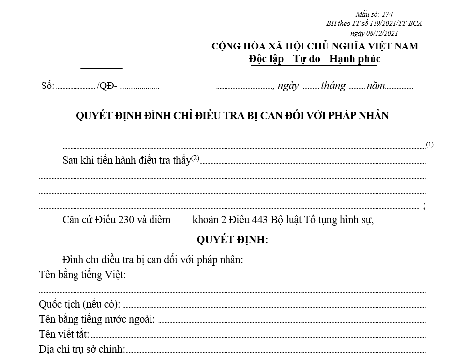 Mẫu quyết định đình chỉ điều tra bị can đối với pháp nhân Mẫu quyết định đình chỉ điều tra bị can đối với pháp nhân