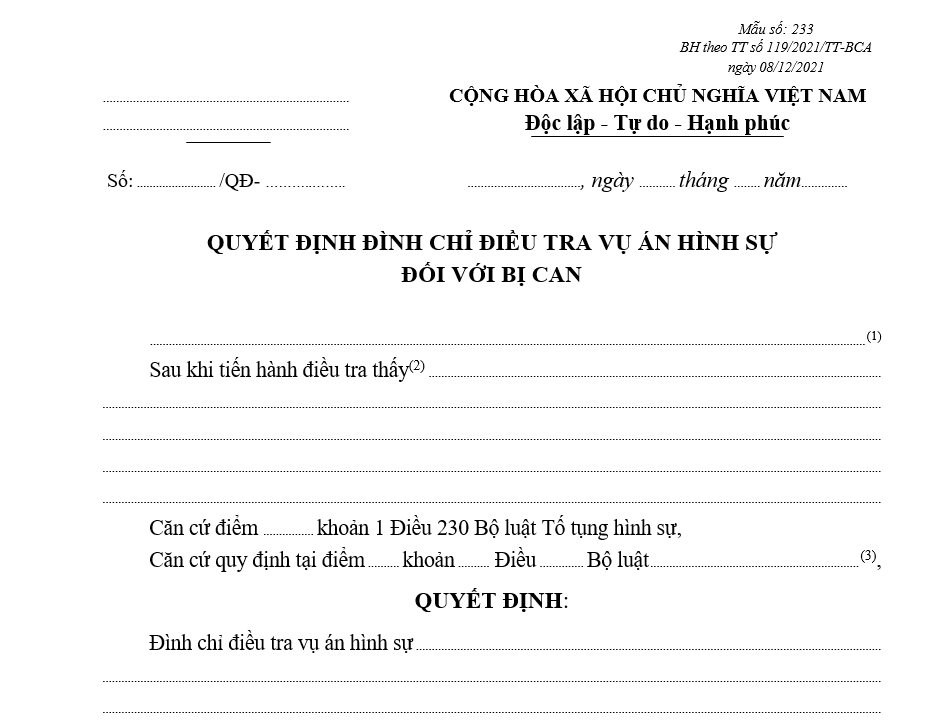 Mẫu quyết định đình chỉ điều tra vụ án hình sự đối với bị can Mẫu quyết định đình chỉ điều tra vụ án hình sự đối với bị can