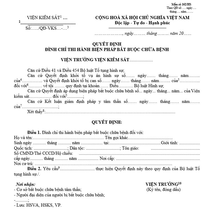 Mẫu quyết định đình chỉ thi hành biện pháp bắt buộc chữa bệnh Mẫu quyết định đình chỉ thi hành biện pháp bắt buộc chữa bệnh
