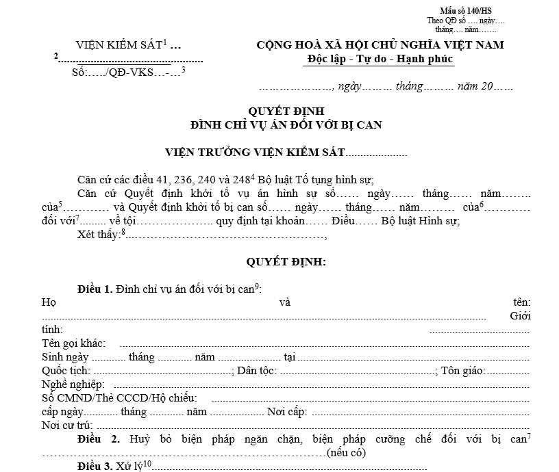 Mẫu quyết định đình chỉ vụ án đối với bị can Mẫu quyết định đình chỉ vụ án đối với bị can