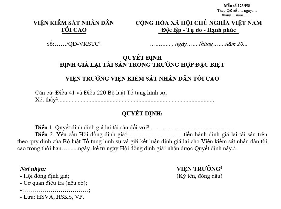 Mẫu quyết định định giá lại tài sản trong trường hợp đặc biệt Mẫu quyết định định giá lại tài sản trong trường hợp đặc biệt