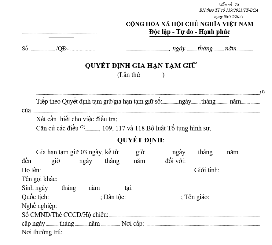 Mẫu quyết định gia hạn tạm giữ Mẫu quyết định gia hạn tạm giữ