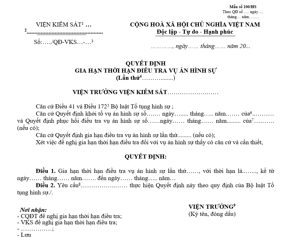Mẫu quyết định gia hạn thời hạn điều tra vụ án hình sự Mẫu quyết định gia hạn thời hạn điều tra vụ án hình sự