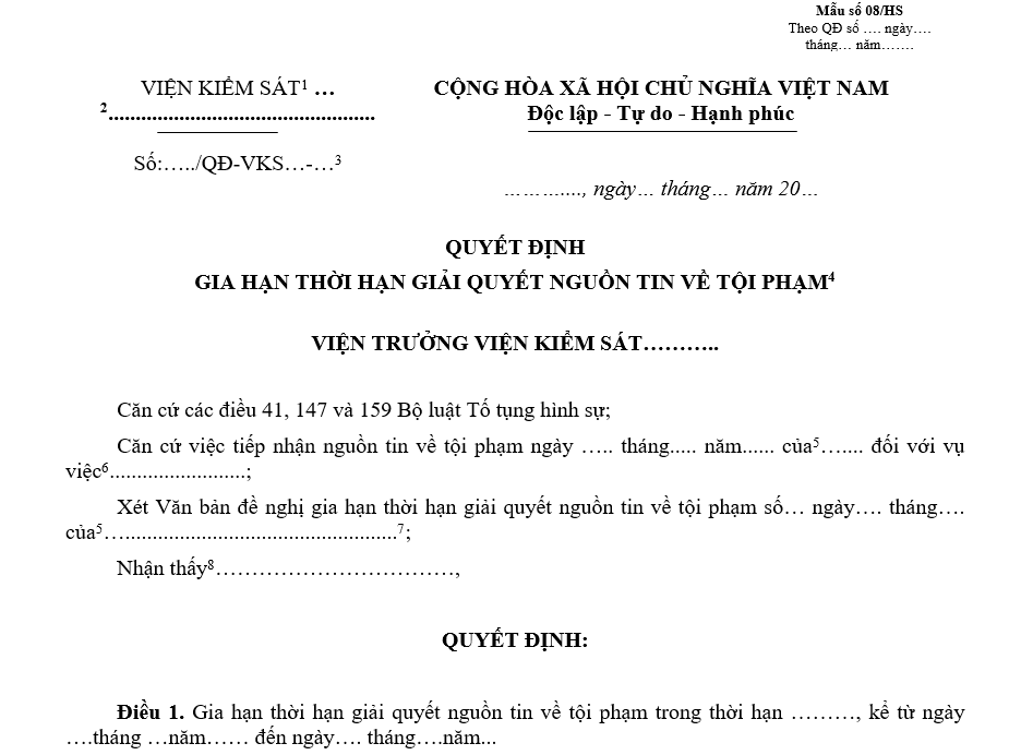 Mẫu quyết định gia hạn thời hạn giải quyết nguồn tin về tội phạm Mẫu quyết định gia hạn thời hạn giải quyết nguồn tin về tội phạm