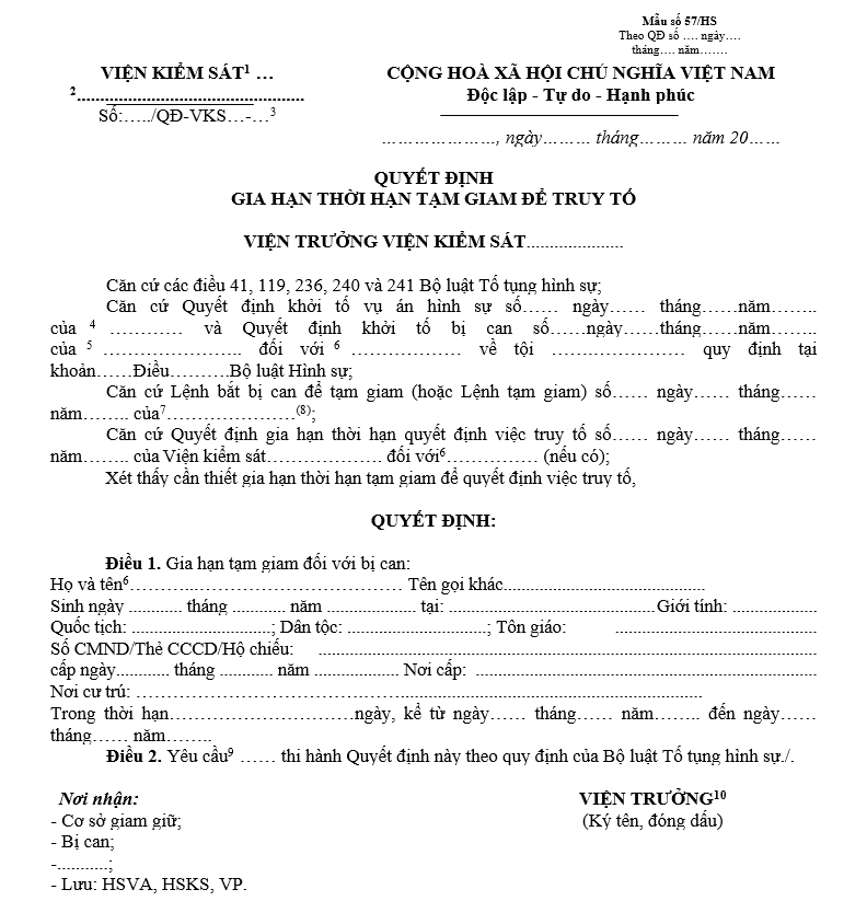 Mẫu quyết định gia hạn thời hạn tạm giam để truy tố Mẫu quyết định gia hạn thời hạn tạm giam để truy tố