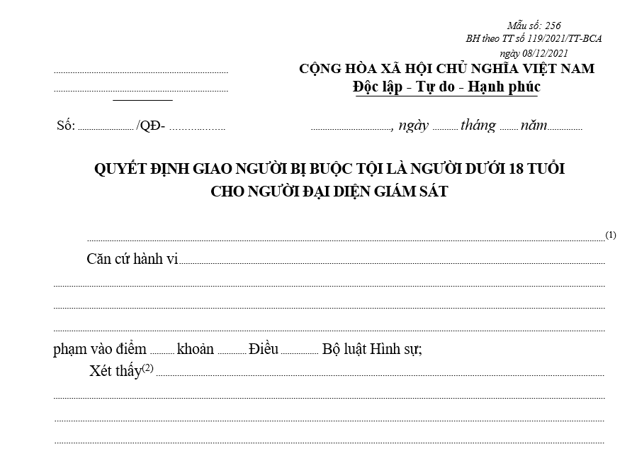 Mẫu quyết định giao người bị buộc tội là người dưới 18 tuổi cho người đại diện giám sát Mẫu quyết định giao người bị buộc tội là người dưới 18 tuổi cho người đại diện giám sát